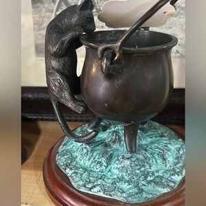 Bronze Cauldron Sculpture with Climbing Cat - Verdigris Base